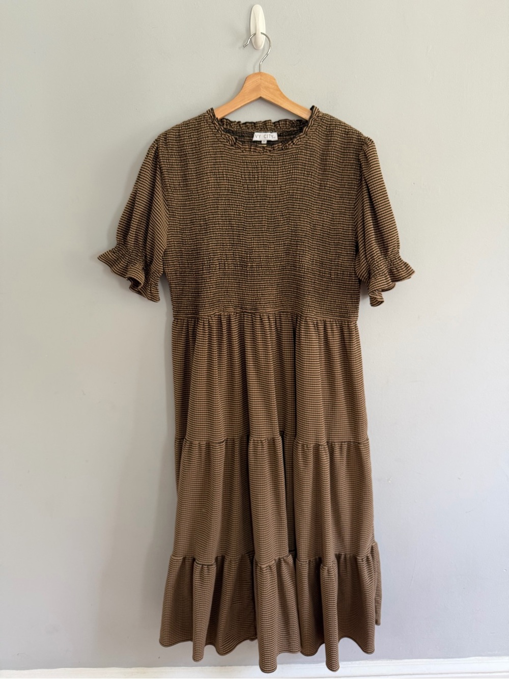 IVY CITY Co. Brown Black Check Smocked Midi Tier Sundress Ruffle Sleeve 2X